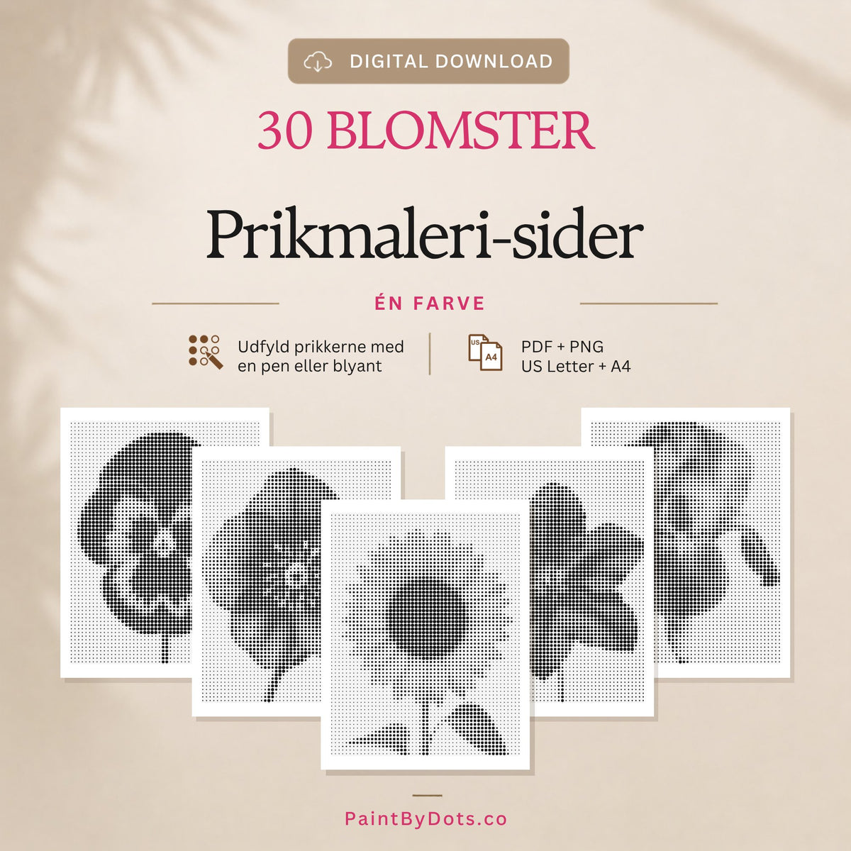 Blomster digital download med 30 printbare prikmaleri sider (dot painting)