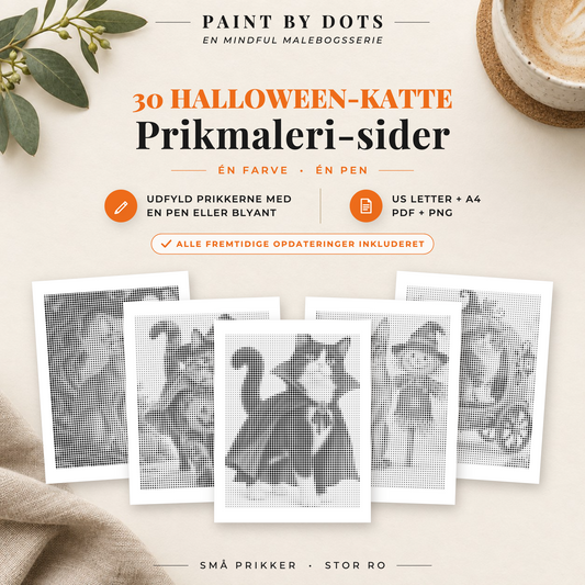 Omslag til mal med prikker bog med Halloween katte, 30 printbare motiver til prikmaleri