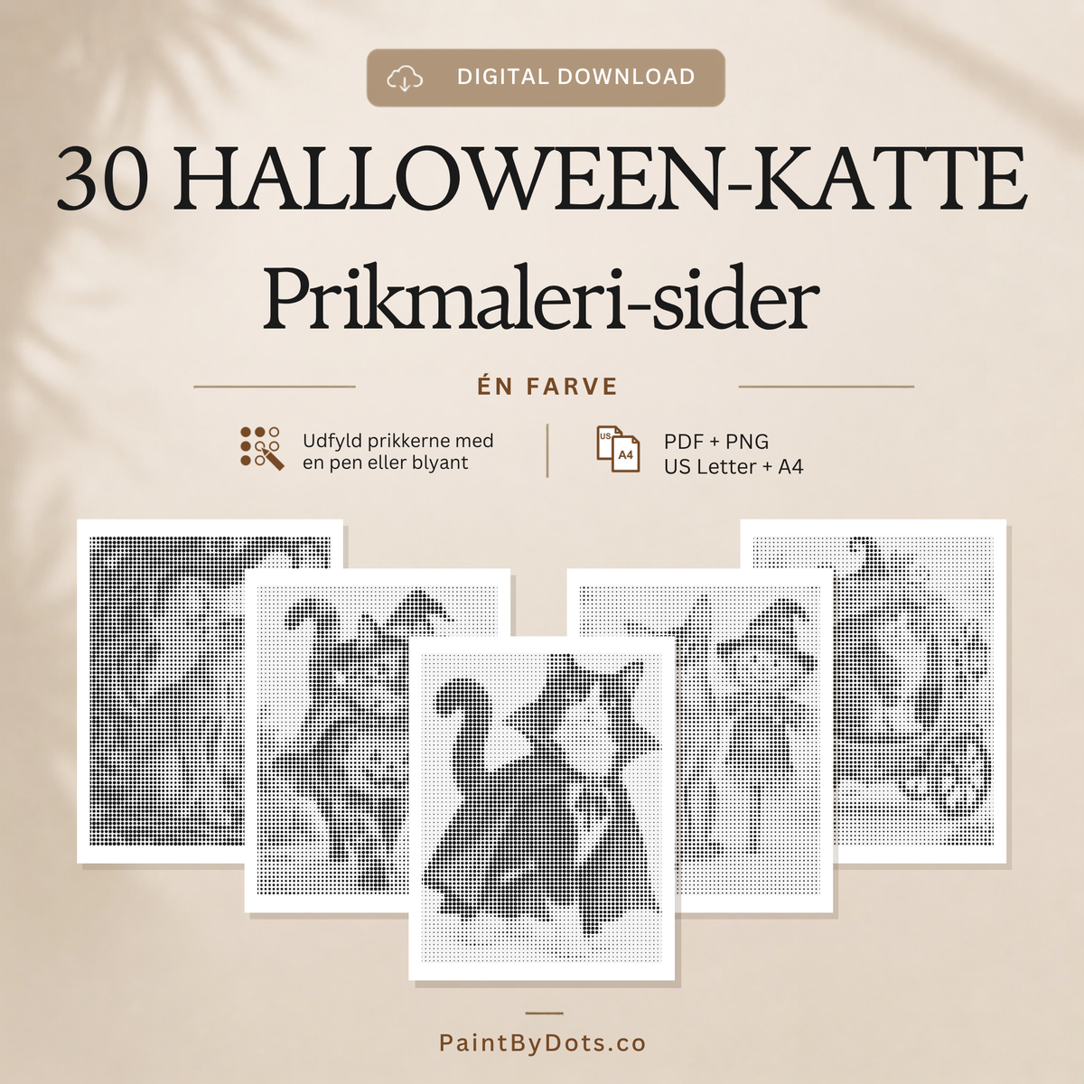 Halloween katte som prikmaleri, 30 printbare motiver i PDF og PNG