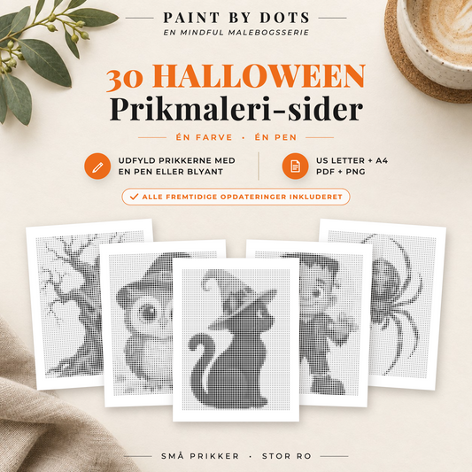 Halloween mal med prikker bog med 30 printbare halloweenmotiver til prikmaleri, PDF og PNG i A4 og US Letter
