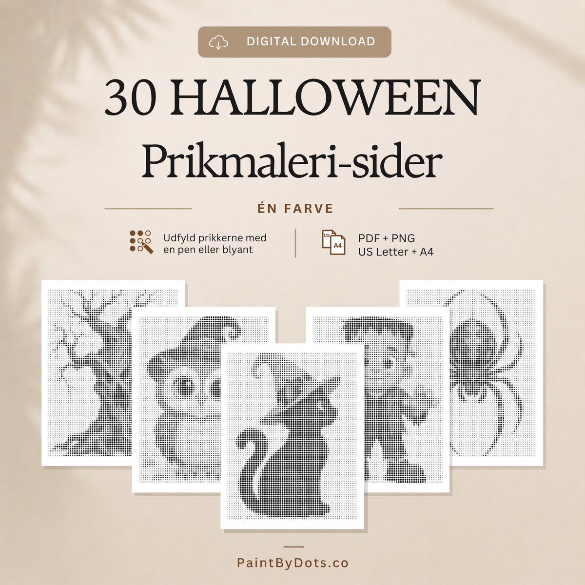 Halloween mal med prikker bog – omslag med 30 printbare halloweenmotiver til prikmaleri i PDF og PNG