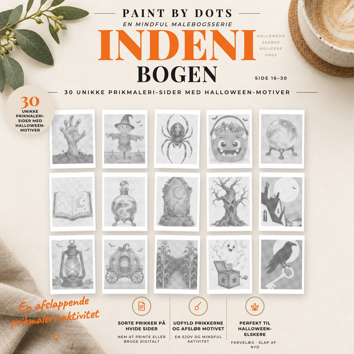 Prikmaleri med halloweenmotiver – oversigt over printbare sider 16–30