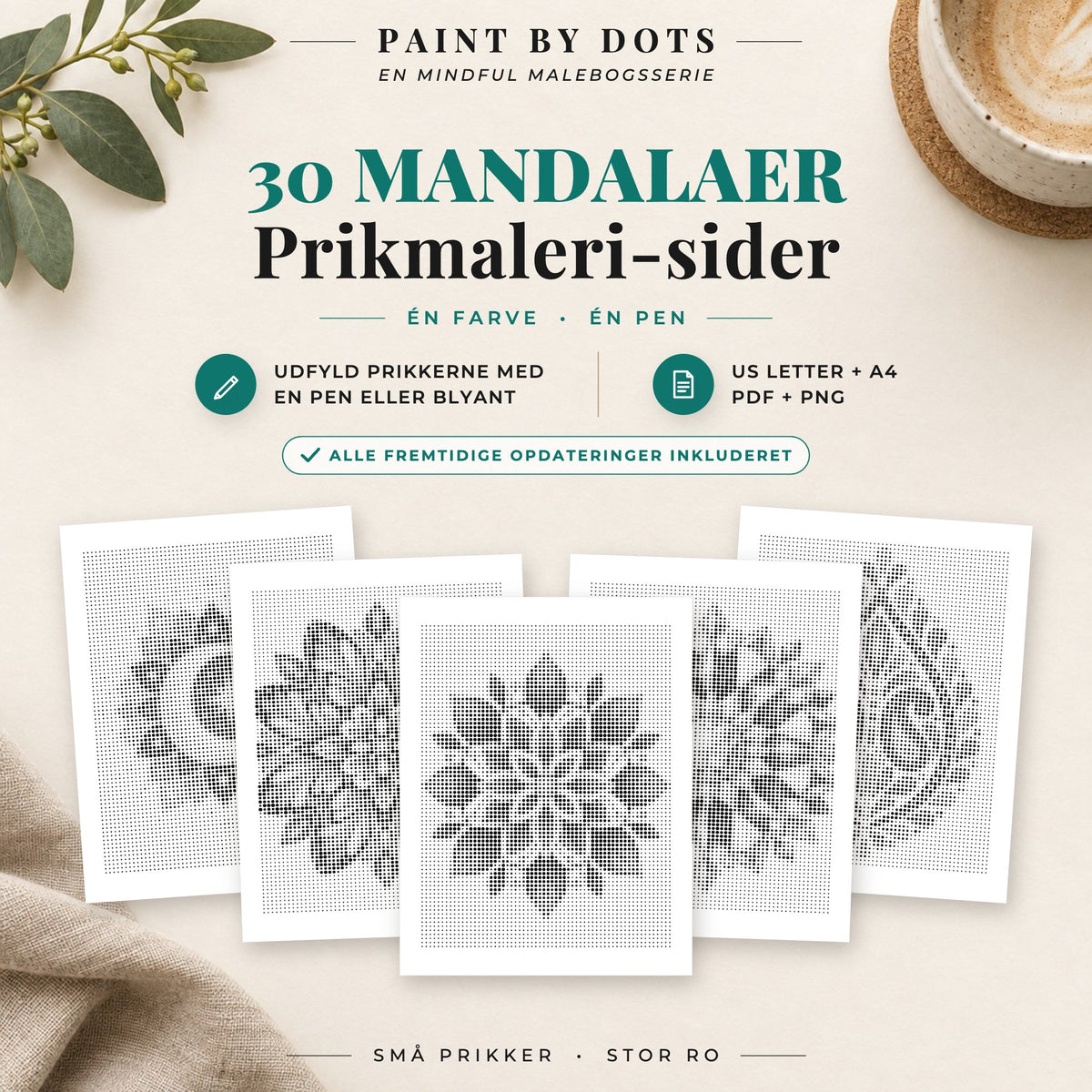 Forside til Mandala prikmaleri bog med 30 printbare mandalamotiver