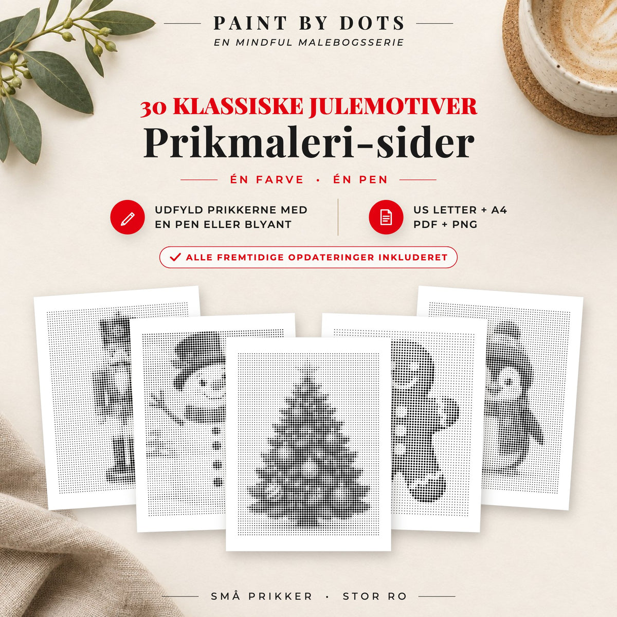 Forside til Nem jul prikmaleri bog med 30 printbare begyndervenlige julemotiver