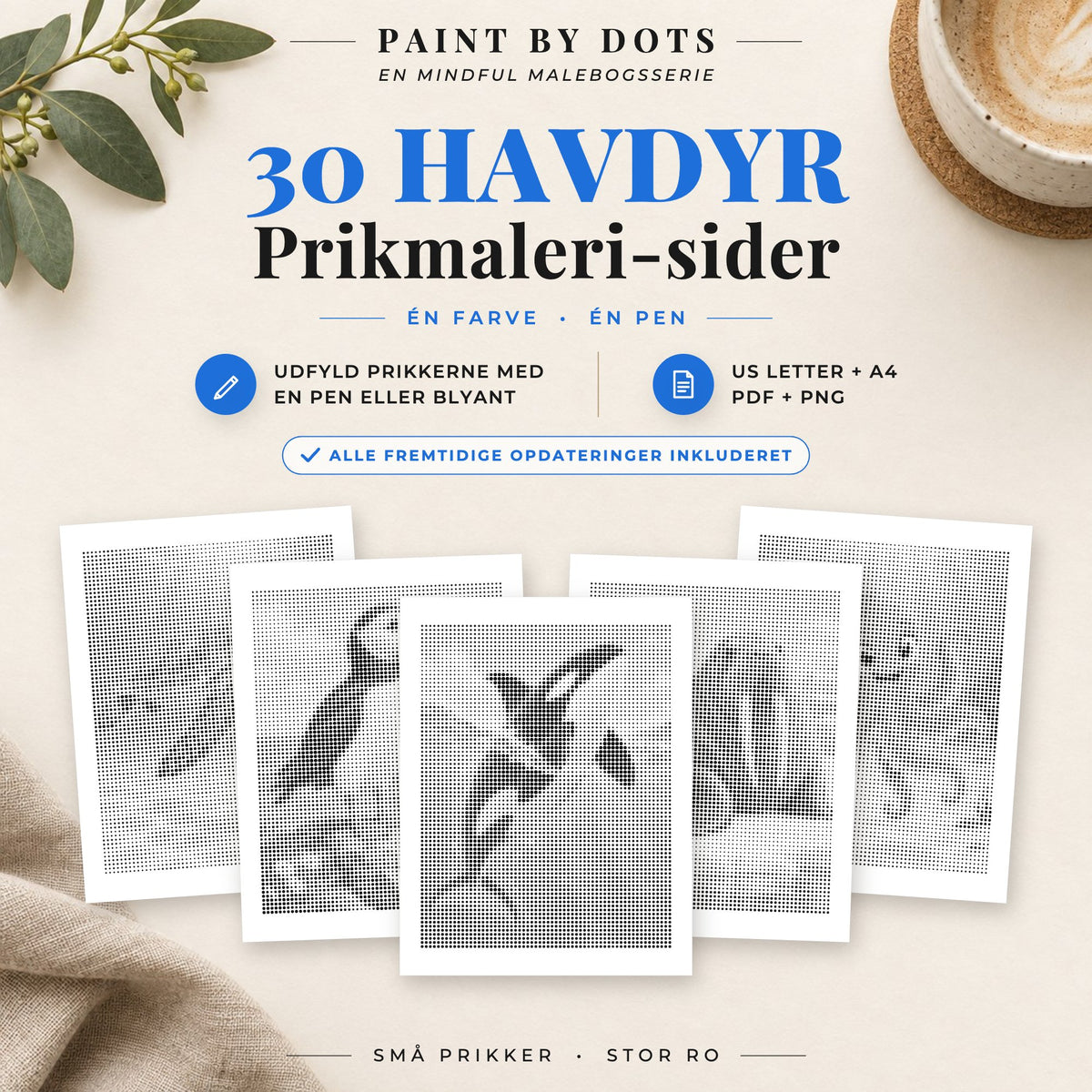 Forside til Havdyr prikmaleri bog med 30 printbare havdyrsmotiver