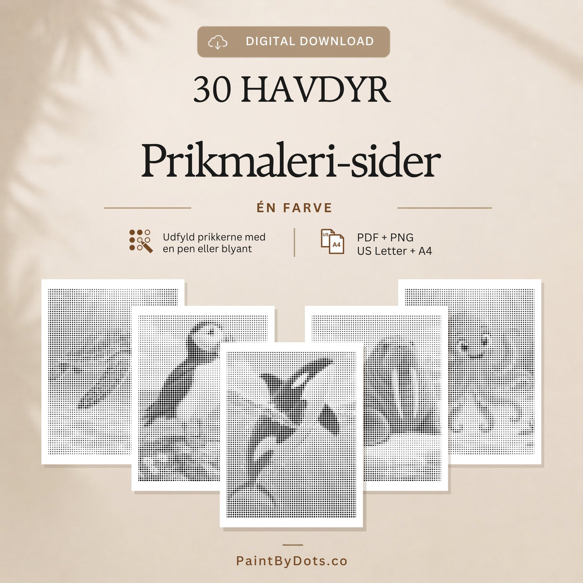 Havdyr digital download med 30 printbare prikmaleri sider (dot painting)