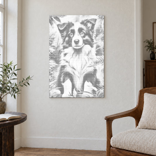 Prikmaleriet “Border Collie hvalp”, på en lys væg i et rum med blødt dagslys.
