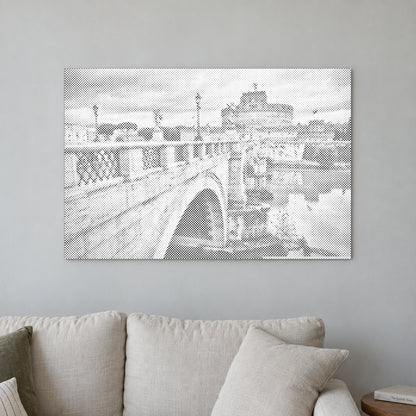 Prikmaleriet “Castel Sant Angelo i Rom”, på en lys væg i et rum med blødt dagslys.