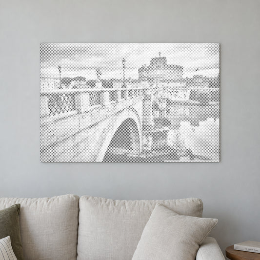 Prikmaleriet “Castel Sant Angelo i Rom”, på en lys væg i et rum med blødt dagslys.
