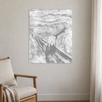 Prikmaleriet “Skriget af Edvard Munch”, på en lys væg i et rum med blødt dagslys.