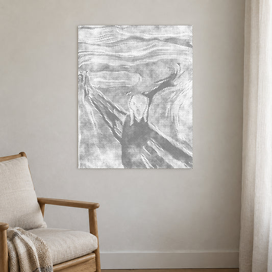 Prikmaleriet “Skriget af Edvard Munch”, på en lys væg i et rum med blødt dagslys.