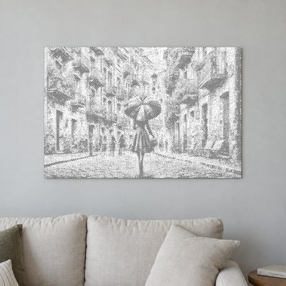 Prikmaleriet “I regnen”, på en lys væg i et rum med blødt dagslys.