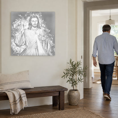 Prikmaleriet “Jesus: Fortsættelsen”, på en lys væg med en person på vej gennem døren ved siden af.
