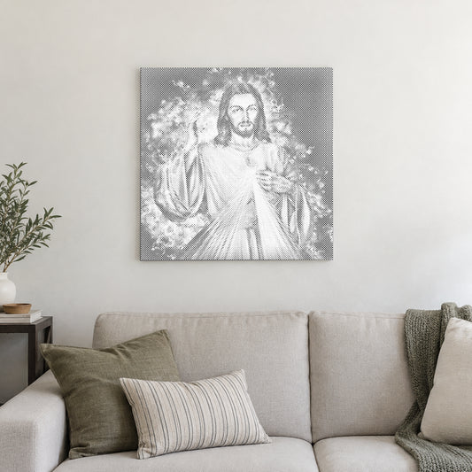 Prikmaleriet “Jesus: Fortsættelsen”, på en lys væg i et rum med blødt dagslys.