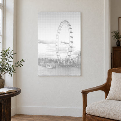 Prikmaleriet “London Eye”, på en lys væg i et rum med blødt dagslys.