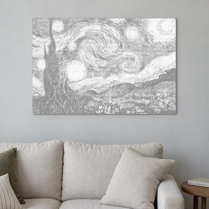 Prikmaleriet “Stjernenatten af Van Gogh”, på en lys væg i et rum med blødt dagslys.