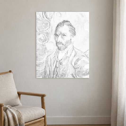 Prikmaleriet “Vincent van Gogh selvportræt”, på en lys væg i et rum med blødt dagslys.