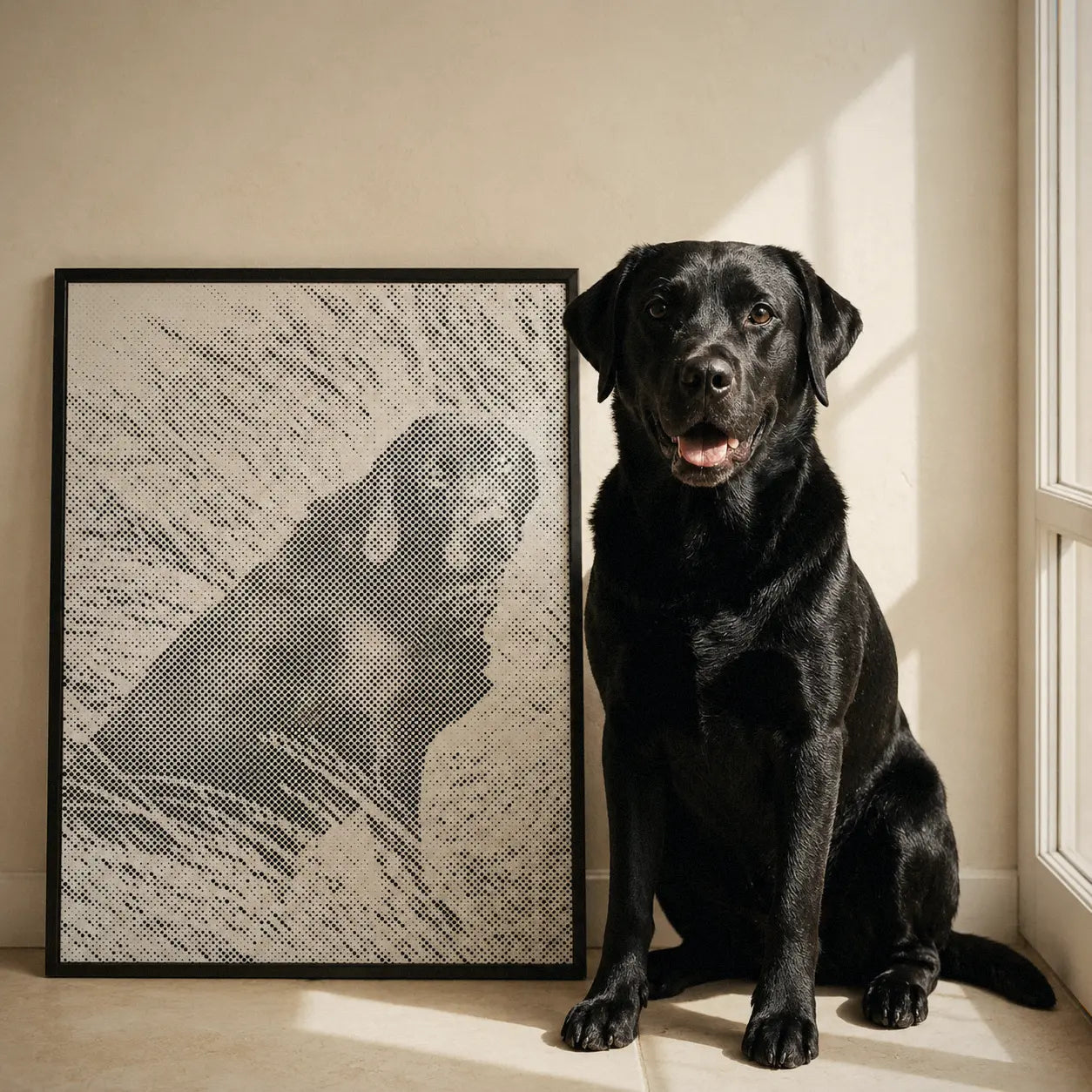 Prikmaleri af eget foto med hund ved siden af det færdige billede