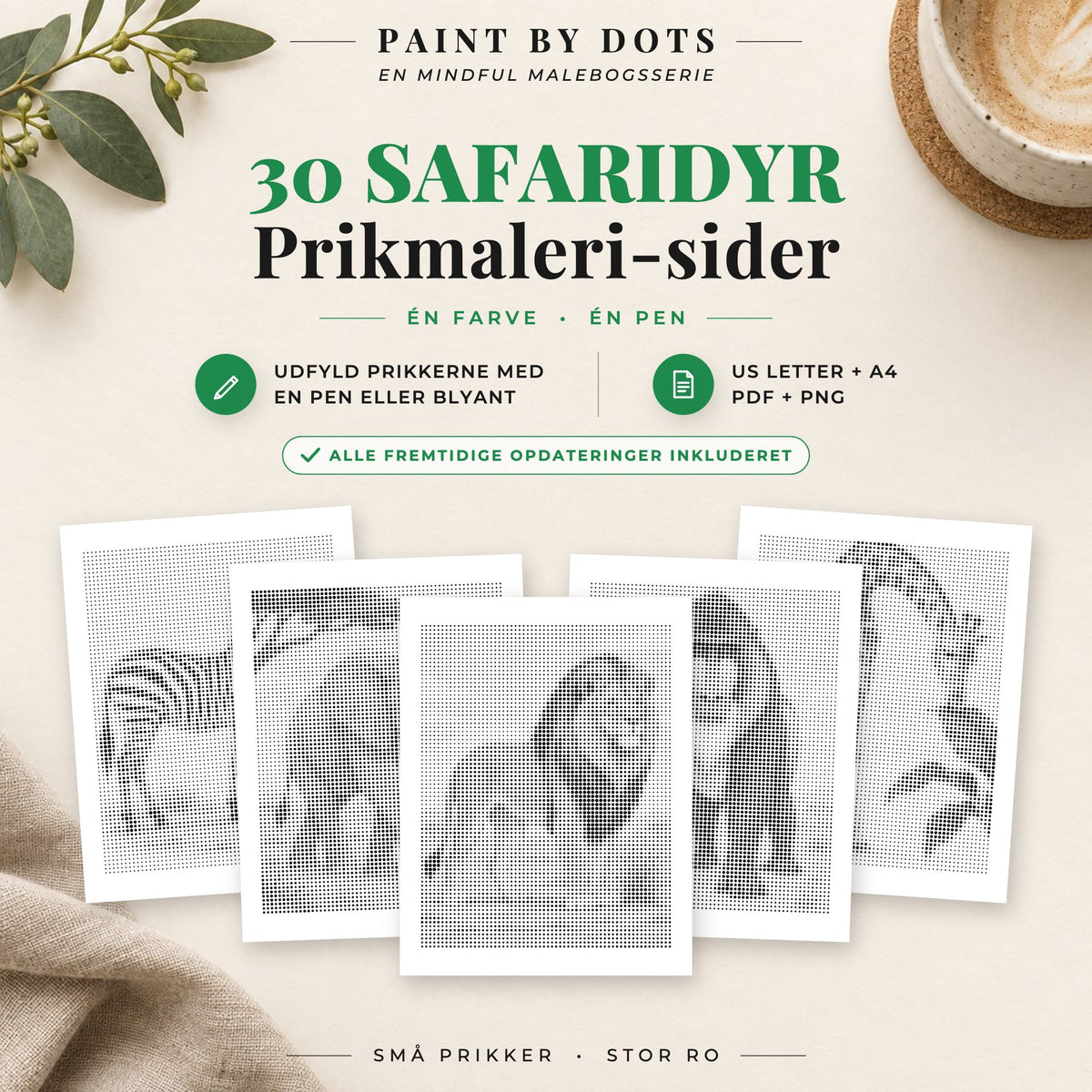 Forside til Safaridyr prikmaleri bog med 30 printbare safarimotiver