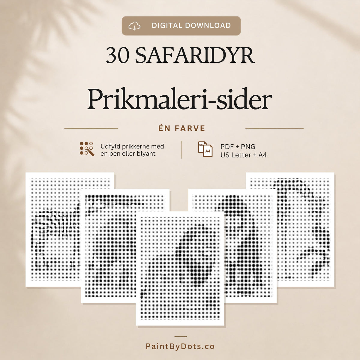 Safaridyr digital download med 30 printbare prikmaleri sider (dot painting)
