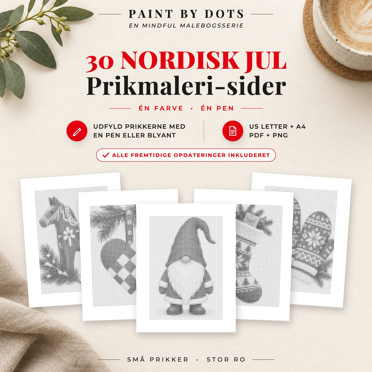 Forside til Skandinavisk jul prikmaleri bog med 30 printbare nordiske julemotiver