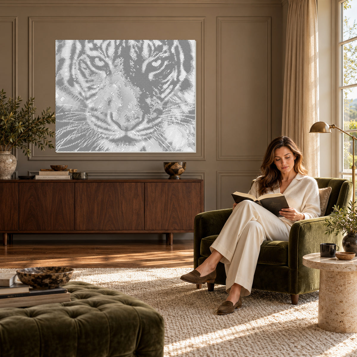 Vild majestæt: Prikmaleri af en tiger i et læseværelse med taupefarvede vægpaneler og en kvinde siddende i nærheden.