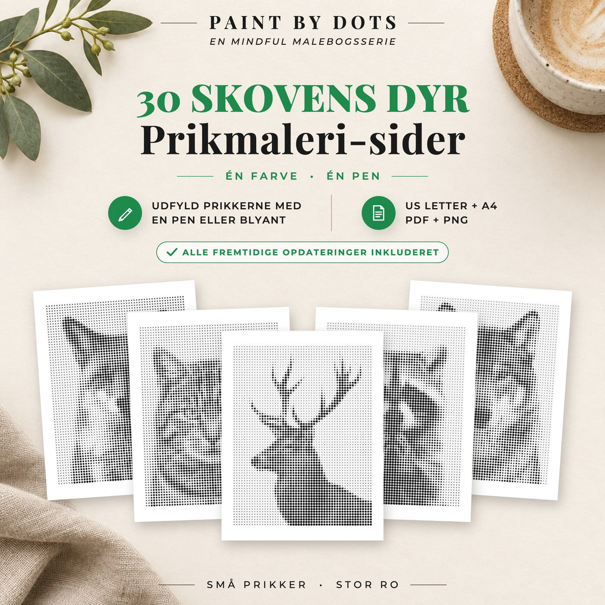 Forside til Skovdyr prikmaleri bog med 30 printbare skovdyrsmotiver