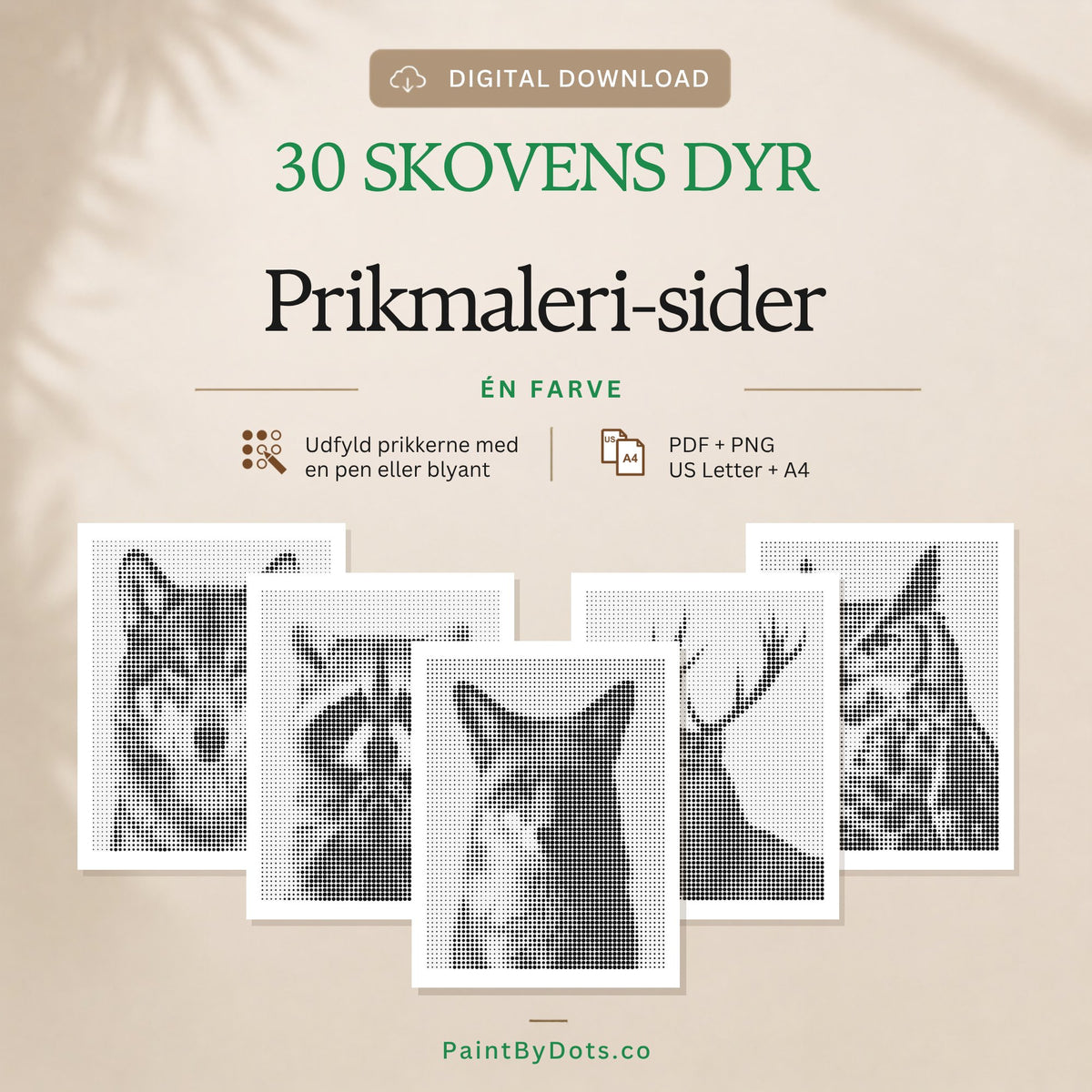 Skovdyr digital download med 30 printbare prikmaleri sider (dot painting)