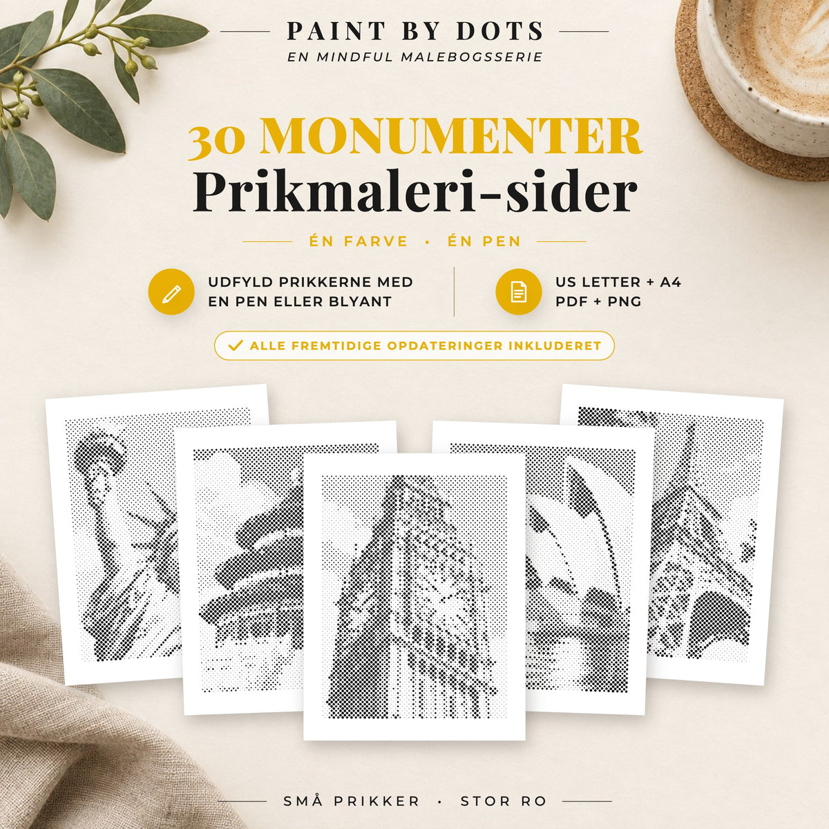 Forside til Monumenter prikmaleri bog med 30 printbare berømte monumenter