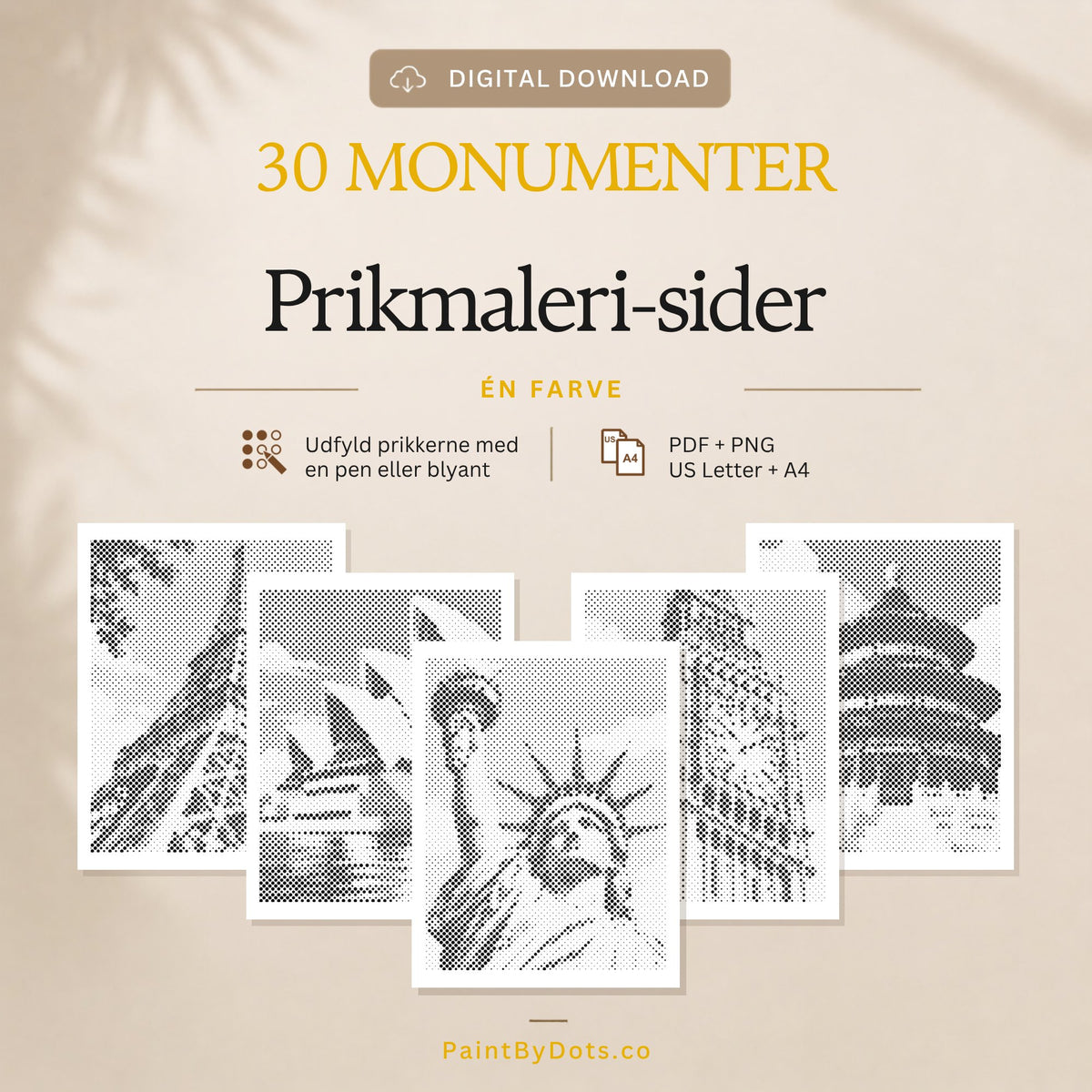 Monumenter digital download med 30 printbare prikmaleri sider (dot painting)